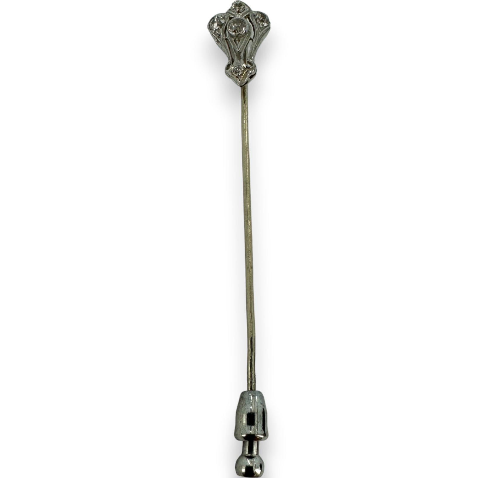 View of Antique Art Deco Stick Lapel Pin With Old Mine Cut Diamonds Handmade S ...