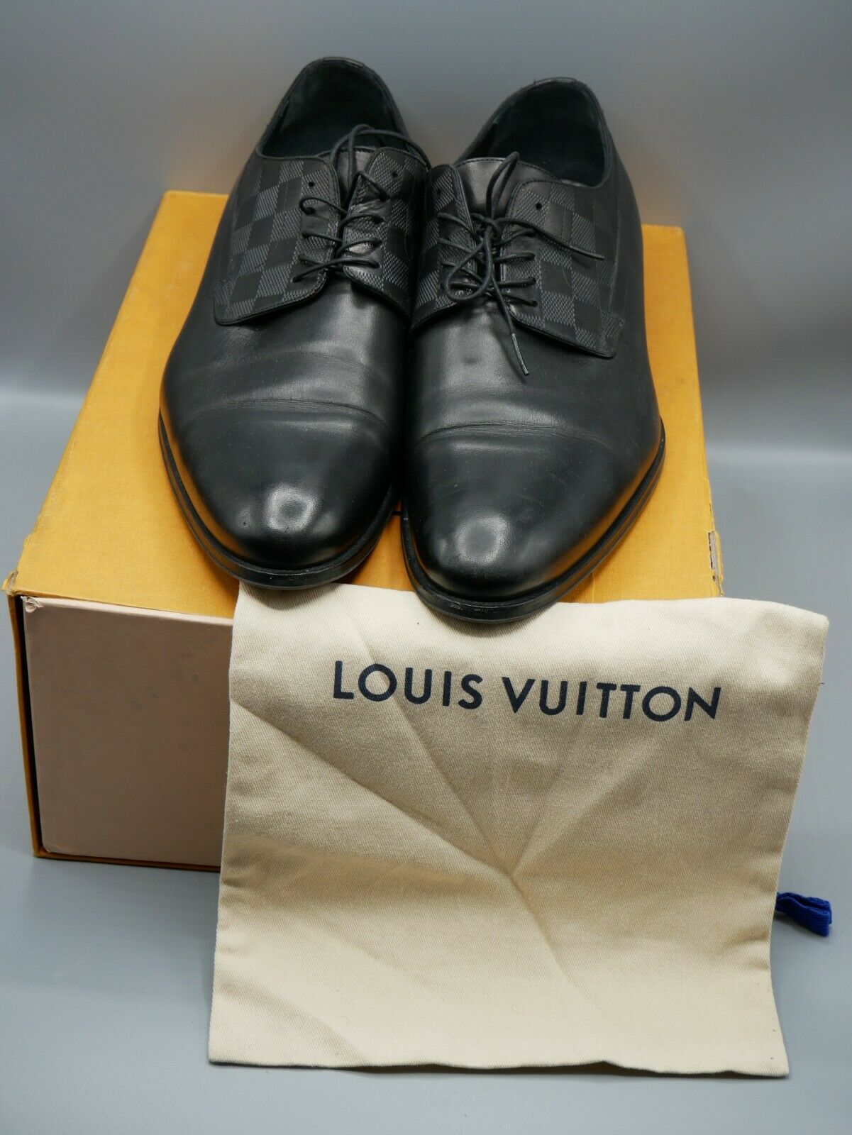 LOUIS VUITTON Size 12 Black Damier Leather Lace Up Dress Shoes at