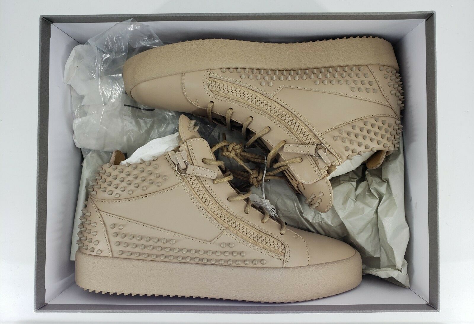 Giuseppe Zanotti Nude Leather Spike High Top Sneakers Size 10 US