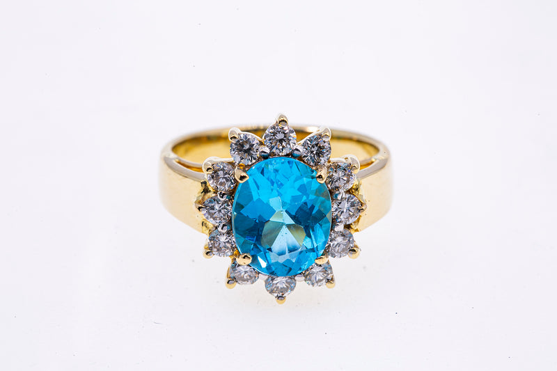 Blue Topaz Diamond Halo Cluster Band 18K 750 Yellow Gold Cocktail Ring Sz 6 1/2