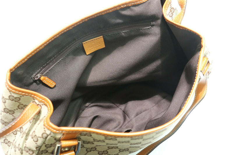 Gucci: Brown Tan GG Canvas Saddle Brown Leather Abbey Beige Hobo Bag