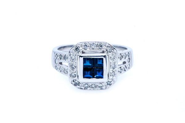 Setra Art Deco Natural Sapphire & Diamond Halo 14K 585 White Gold Ring Sz 6 1/2