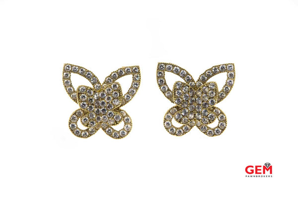 Butterfly Wings Insect Cubic Zirconia Pave Studs 14K 585 Yellow Gold CZ Earrings