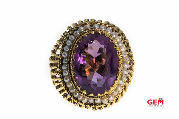 Vintage Oval Faceted Amethyst & Seed Pearl Ring 14K Gold 585 Size 7
