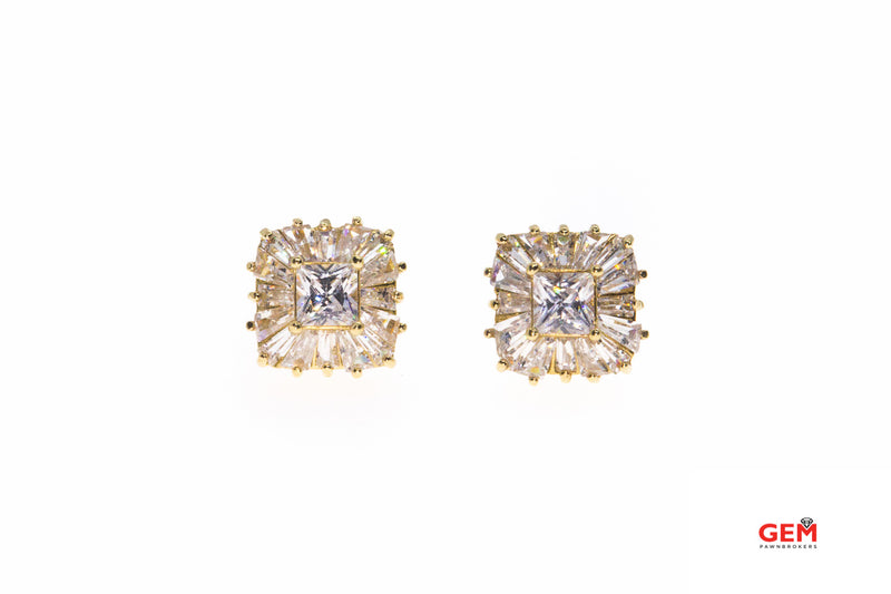 Cubic Zirconia Princess & Baguette Cluster Studs 14K 585 Yellow Gold Earrings