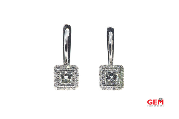 Russian Princess Diamond & Halo Accent Drop Earrings 14K 583 White Gold Dangle Earrings