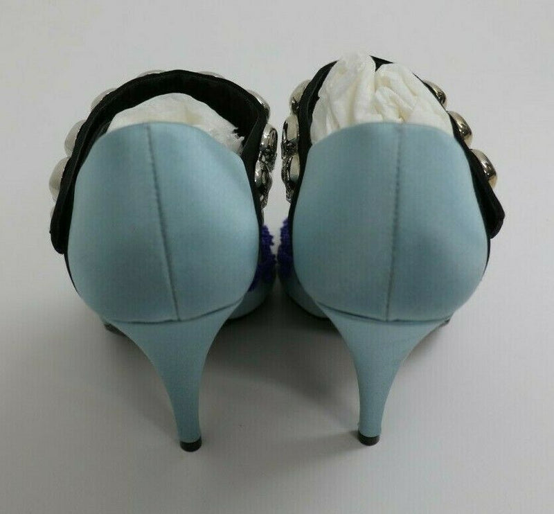 Prada Blue Heels | Satin Embroidery | Size US 5.5, EUR 36