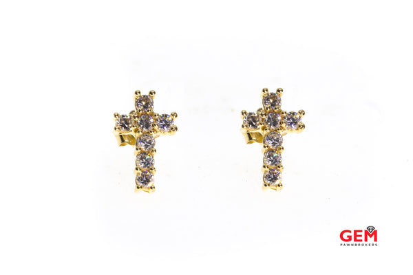 Cubic Zirconia CZ Religious Mini Cross Earrings 14k 585 Yellow Gold
