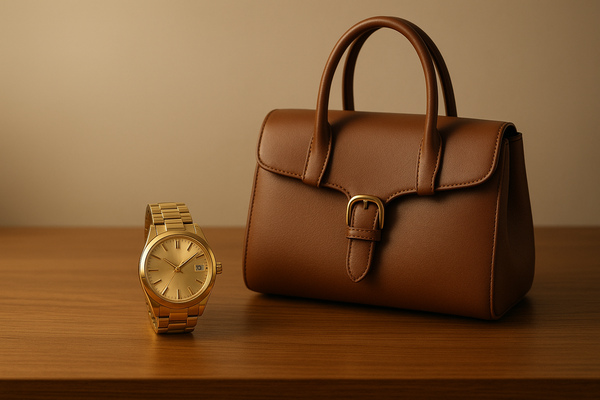 brown leather purse and gold watch sitting on wooden tabletop