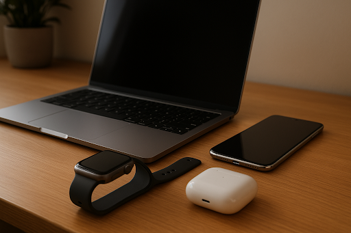 electronics sitting on wooden table, including laptop, smart phone, smart watch and wireless earbuds