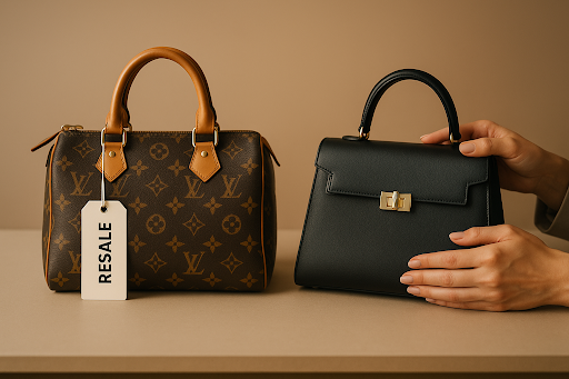 two luxury black and brown handbags with resale tag