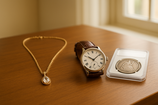 gold diamond necklace, watch with brown leather band, and gold coin laying on wooden tabletop