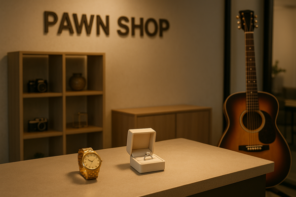 ring in box and gold watch sitting on counter next to guitar with 'pawn shop' sign on background wall