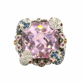 Solid 18kt White Gold Large Snakes and Flowers Cocktail Ring with Pink Glass Center Stone, Diamonds, Sapphires, and Rubies