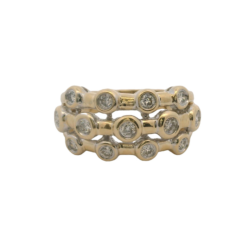 SBT Solid 14kt Yellow Gold and Bezel Set Diamond 3-Row Bubble Ring Size 7