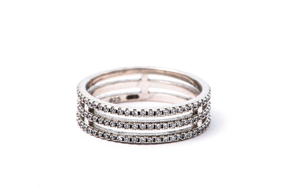 Cubic Zirconia Three Row Triple Sterling Silver 925 Eternity Band Ring Size 8