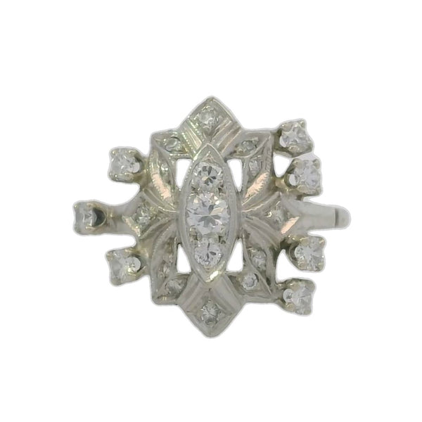 Rare Vintage Handmade 1930-40s Solid 14kt White Gold and 0.65ct Diamond Celestial Dinner Cocktail Ring Size 6.5