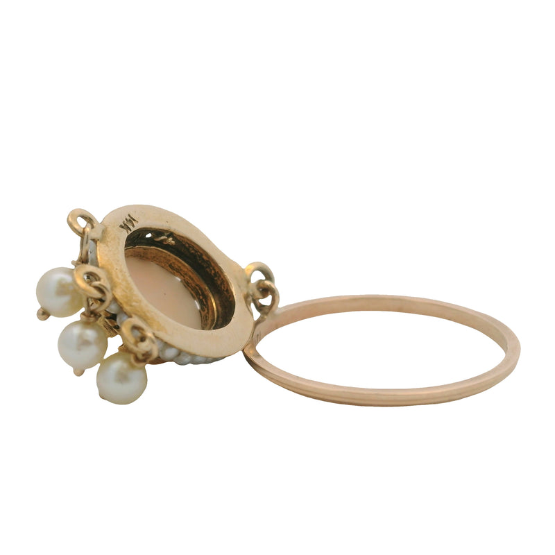 Vintage Mid Century 14kt Yellow Gold Coral and Seed Pearl Charm Ring Pendant