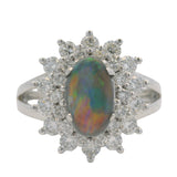 Solid 14kt White Gold Gray Opal Cocktail Ring with Double Diamond Starburst Halo Size 7