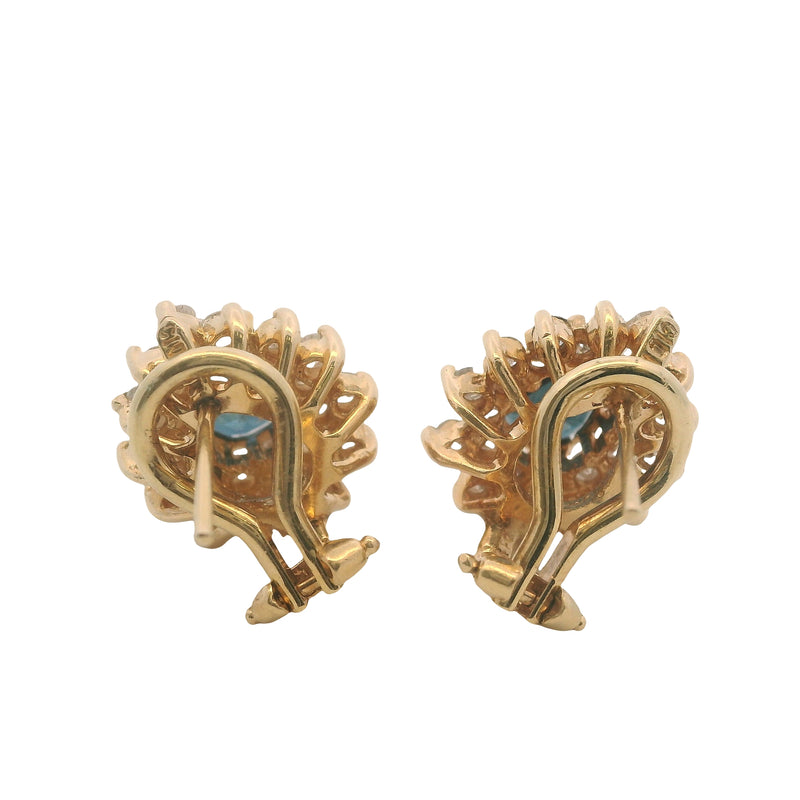 Vintage Clyde Duneiere Solid 14kt Yellow Gold Sapphire and Double Diamond Halo Omega Back Earrings