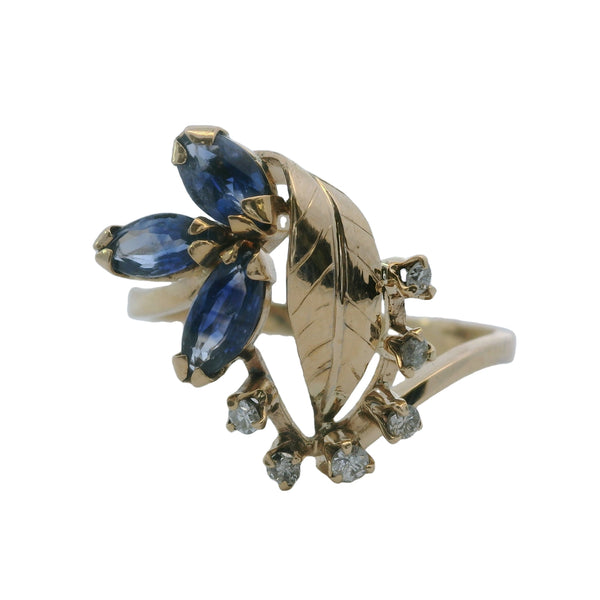 Vintage 1950-60s Retro Sapphire and Diamond Leaf Floral Cocktail Ring Size 10