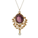 Vintage 1930s Solid 14kt Yellow Gold Amethyst and Freshwater Pearl Drop Pendant 19.75" Necklace