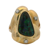 Vintage Solid 14kt Yellow Gold Glittery Boulder Opal and Diamond Cocktail Ring Size 7