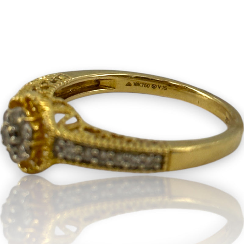 VJS Jewelry Solid 18kt Bright Yellow Gold Filigree Diamond Cluster Flower Ring with Diamond Sides Size 7