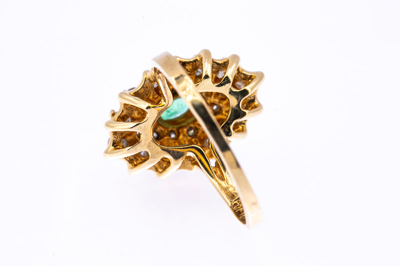 Natural Emerald & Diamond Halo Cluster Cocktail 14K 585 Yellow Gold Ring Size 7