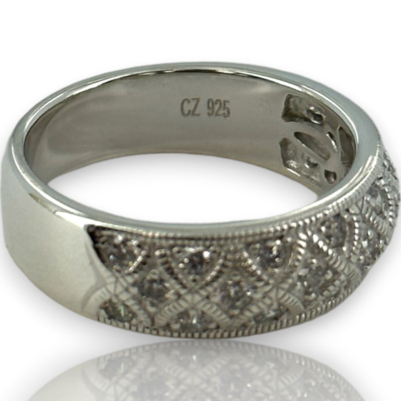 Vanna K 925 Sterling Silver and CZ Cubic Zirconia Geometric Milgrain 6.7mm Thick Band Size 8