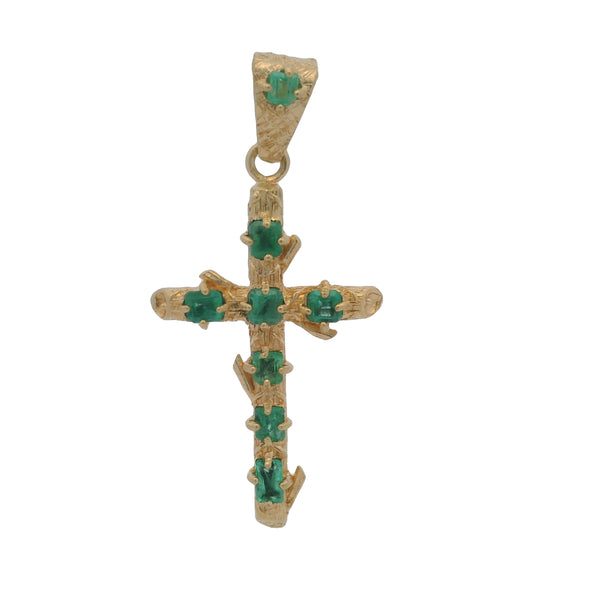Brutalist Solid 18kt Yellow Gold and Columbian Emerald Rough Branch Handmade 2" Cross Pendant