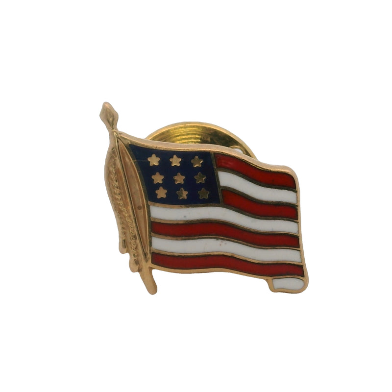 Vintage Solid 14kt Yellow Gold and Enamel American Flag Pin Tie Tack