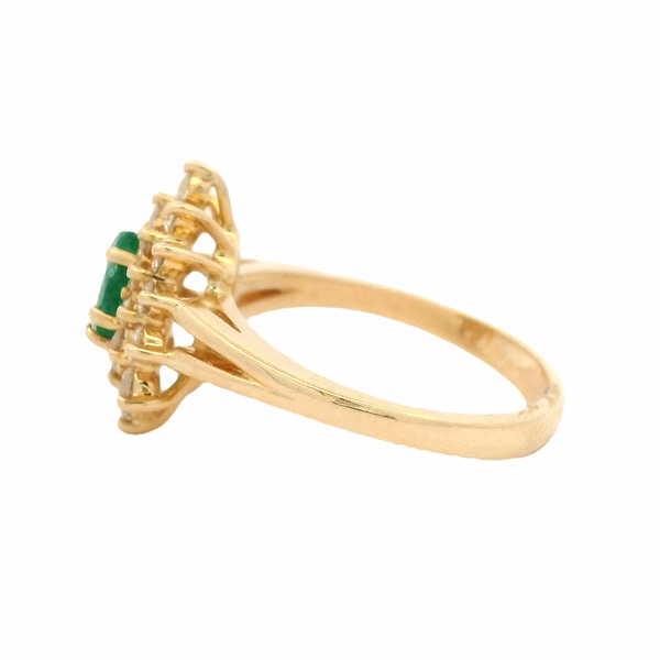 Vintage Solid 14kt Yellow Gold Pear-Cut Emerald Cocktail Ring with Double Halo of Diamonds Size 6