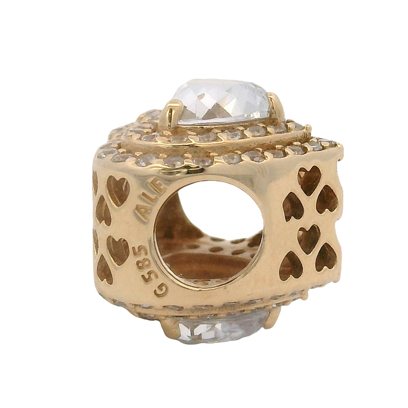 Pandora Retired Solid 14kt Yellow Gold and CZ Leveled Hearts Halo Slider Bracelet Charm