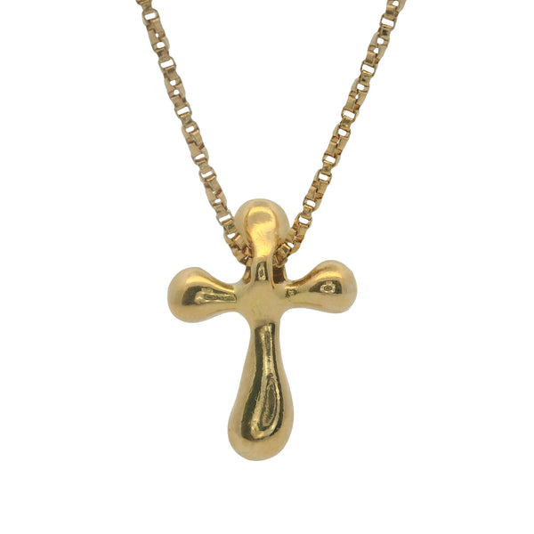 Vintage Solid 14kt Yellow Gold Puffy Liquid Cross Necklace with 18" Small Box Chain