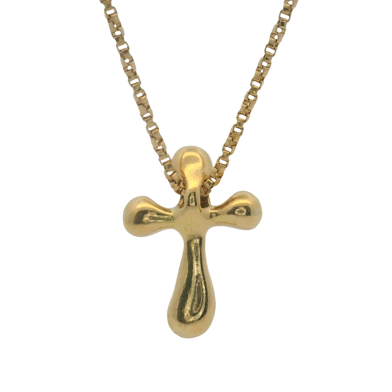 Vintage Solid 14kt Yellow Gold Puffy Liquid Cross Necklace with 18" Small Box Chain
