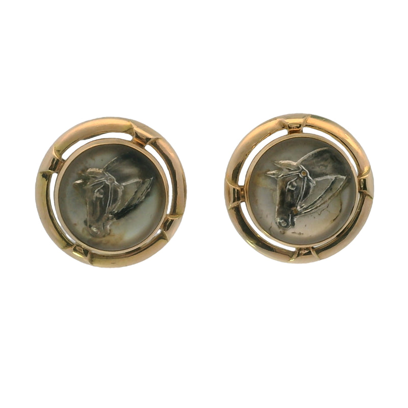 Antique Converted Cufflink 14kt Yellow Gold Essex Painted Glass Horse Pierced Screw-Back Stud Earrings