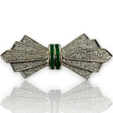 Antique 1920-30s 18kt White Gold Diamond and Emerald Bow Brooch