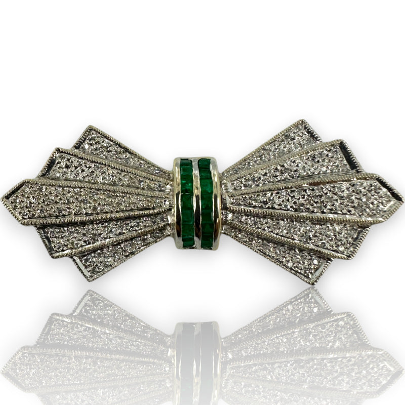 Antique 1920-30s 18kt White Gold Diamond and Emerald Bow Brooch
