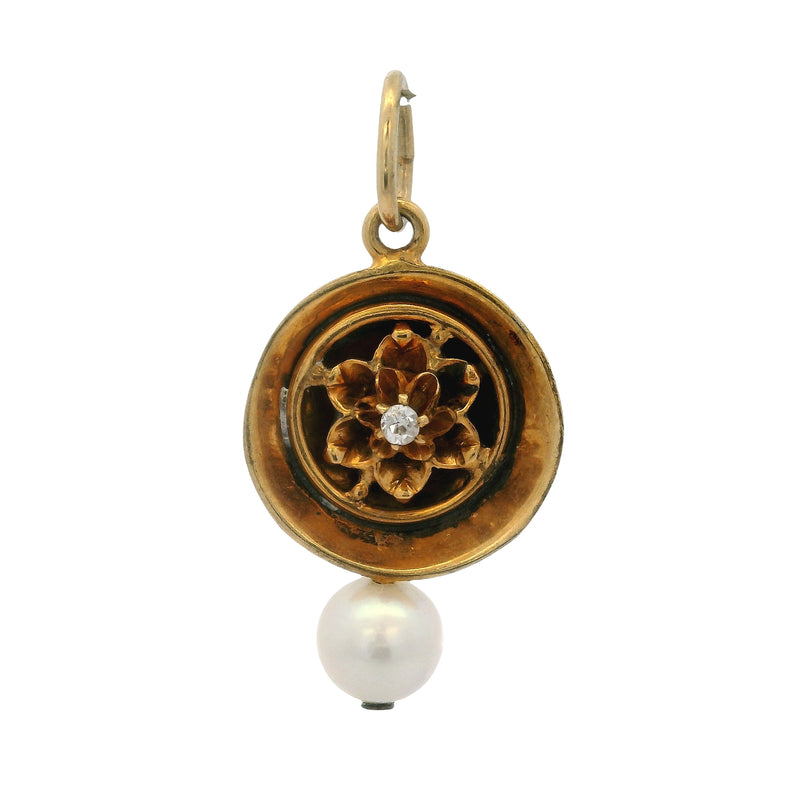 Antique Mid-Victorian 14kt Yellow Gold Circle Floral Lavalier Pendant with Diamond and Pearl
