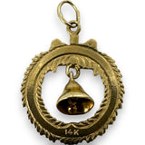 Vintage Enamel Christmas Holiday Wreath Charm Ringing Bell Pendant Solid 14kt Yellow Gold