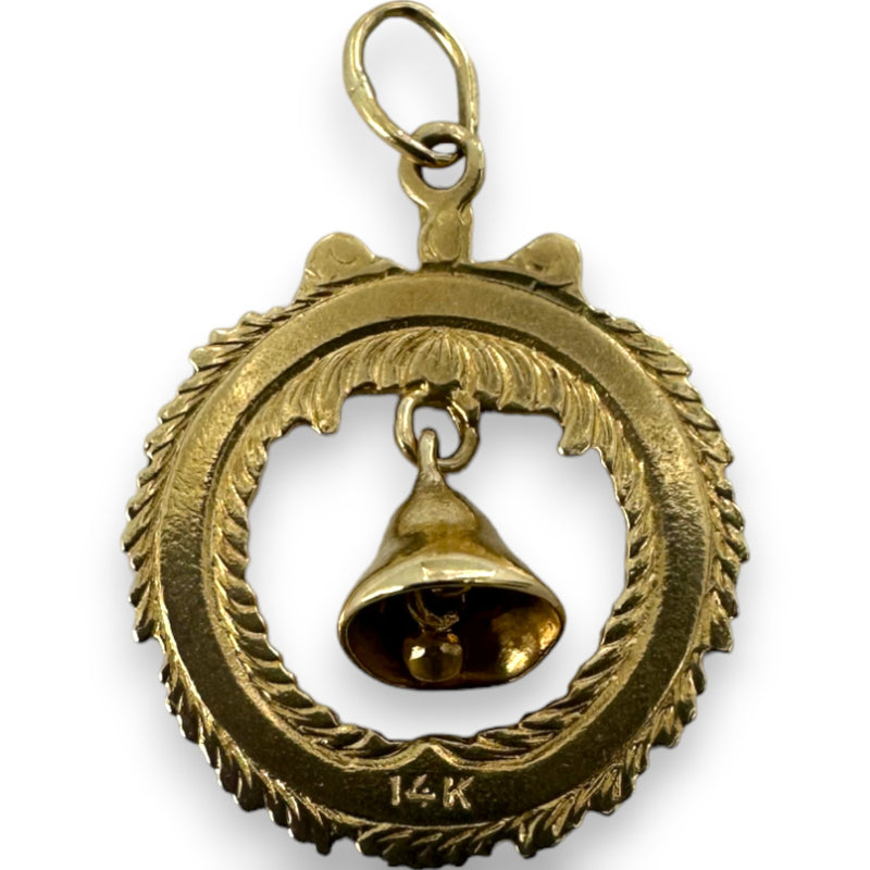 Vintage Enamel Christmas Holiday Wreath Charm Ringing Bell Pendant Solid 14kt Yellow Gold