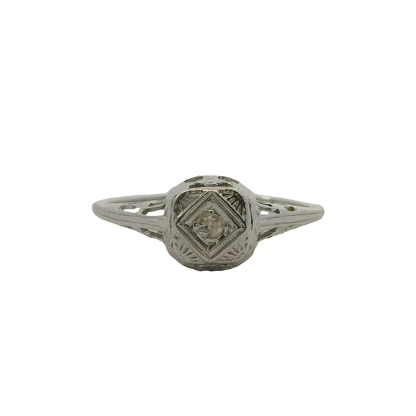 Antique 1920s Art Deco 18kt White Gold and 0.04ct Diamond Solitaire Ring With Geometric Filigree Setting Size 5.25