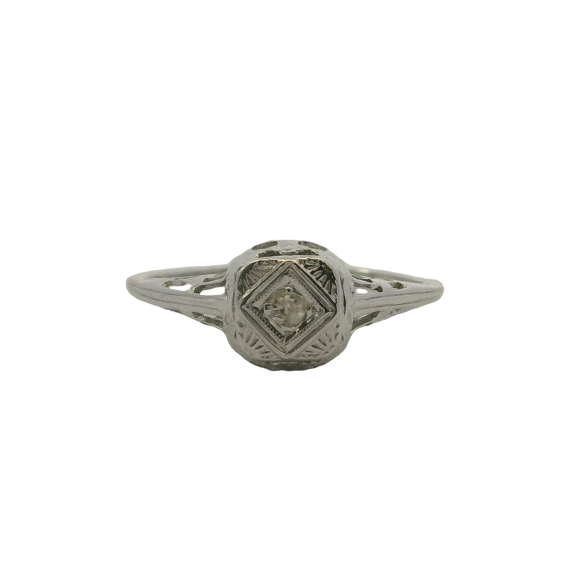 Antique 1920s Art Deco 18kt White Gold and 0.04ct Diamond Solitaire Ring With Geometric Filigree Setting Size 5.25
