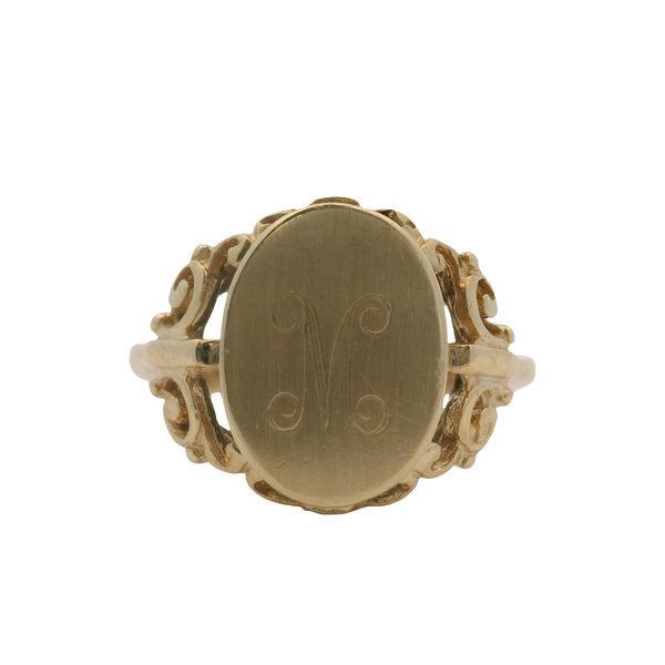 Vintage 1940-50s Solid 10kt Yellow Gold Scroll Oval "M" Signet Ring Size 5.5