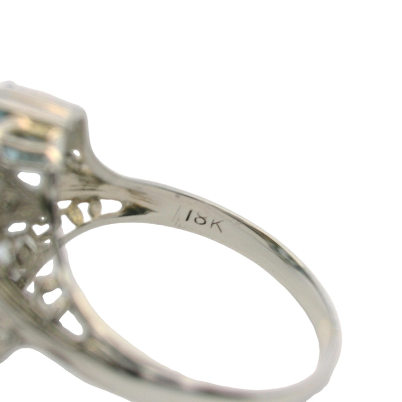 Antique 1920s 18kt White Gold and Aquamarine Dinner Cocktail Filigree Ring Size 5