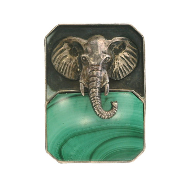 Vintage 1970s Great Falls Metal Works Elephant 925 Sterling Silver and Malachite Brooch