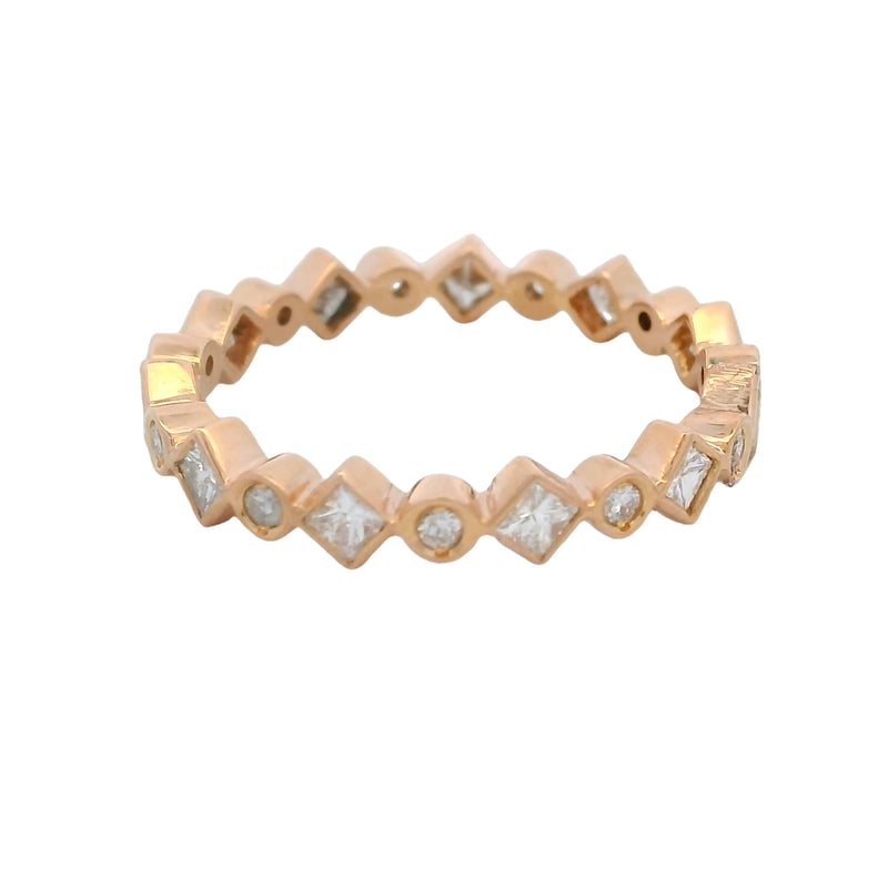 Solid 18kt Rose Gold Round and Princess Cut Alternating Diamond Band