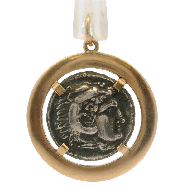 Vintage Alexander The Great Replica Greek Coin In 18kt Yellow Gold Frame 24mm Pendant