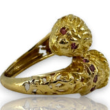 Vintage 1970-80s Victorian Revival Solid 18kt Yellow Gold Two-Headed Lion Ring with Rubies Size 4.5